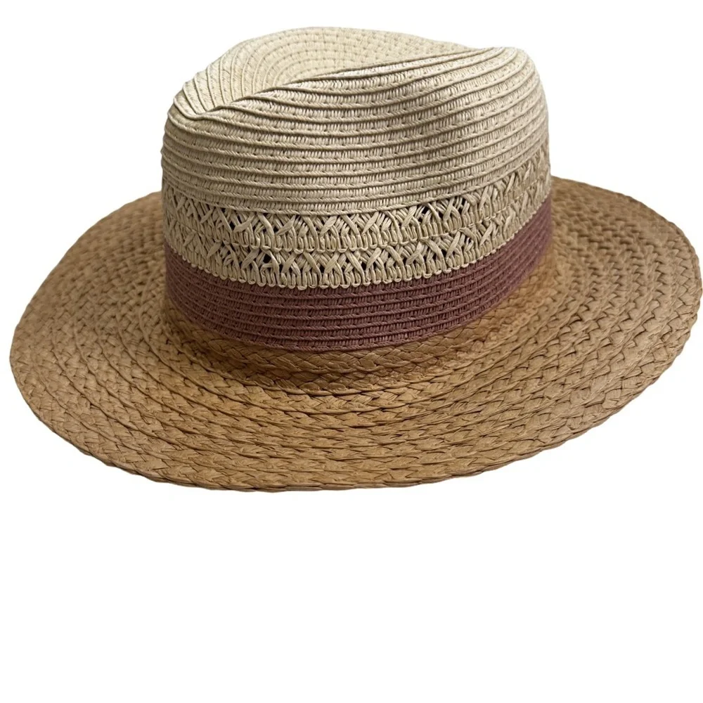 David & Young Packable Mixed Straw Fedora Hat One Size Fits Most Tan/Mauve NEW